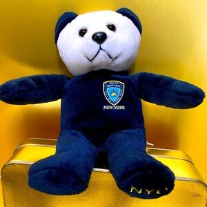 NEW YORK CITY N.Y.C. POLICE BLUE & WHITE BEAR PLUSH w/POLICE BEAR DEPT BADGE 8”